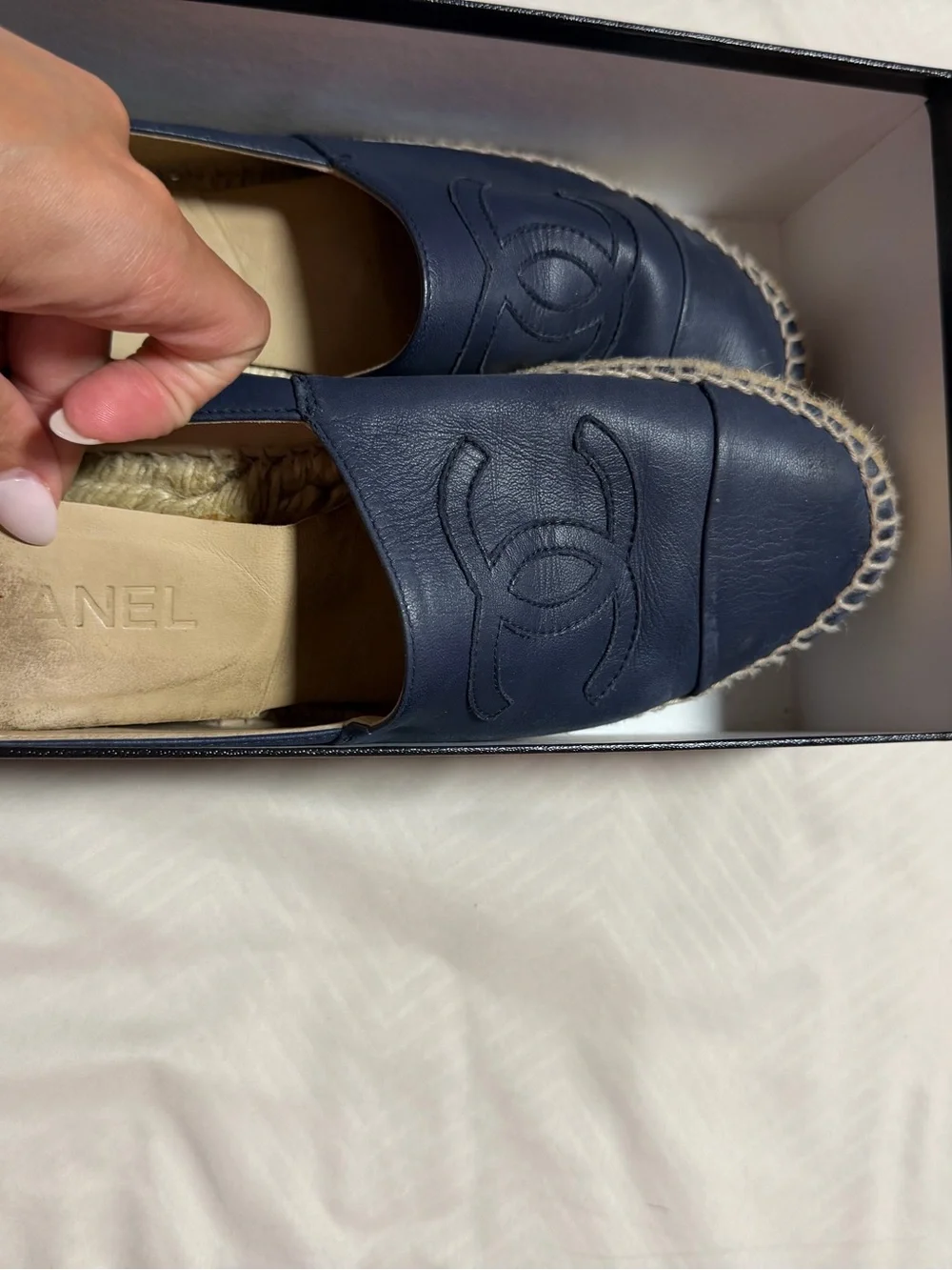 AUTHENTIC CHANEL Dark Navy Leather CC Espadrille Flats